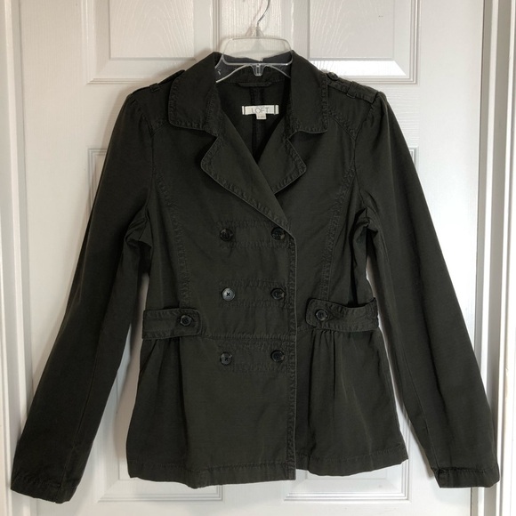 LOFT Cotton Army Green Double Breasted Peplum Lightweight Military Jacket M - Picture 2 of 14